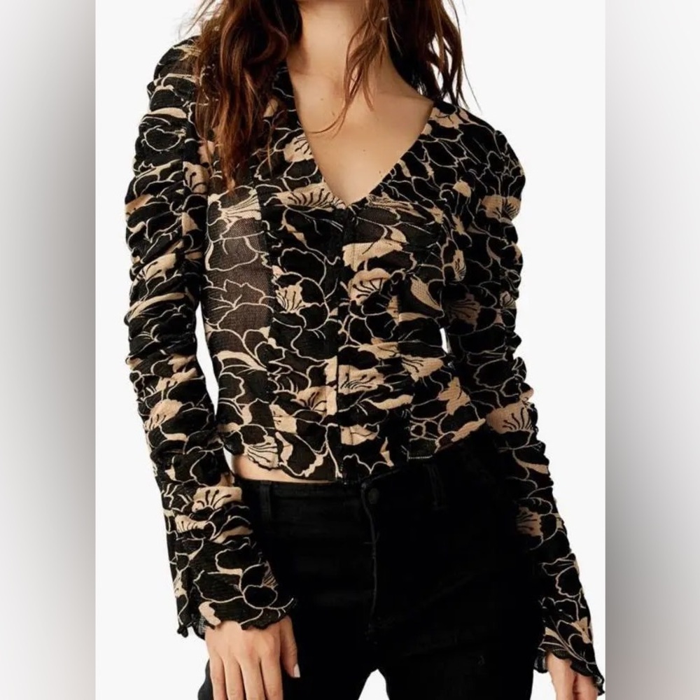Free People Black and Cream Floral Through the Meadow Ruched Long Sleeve Top